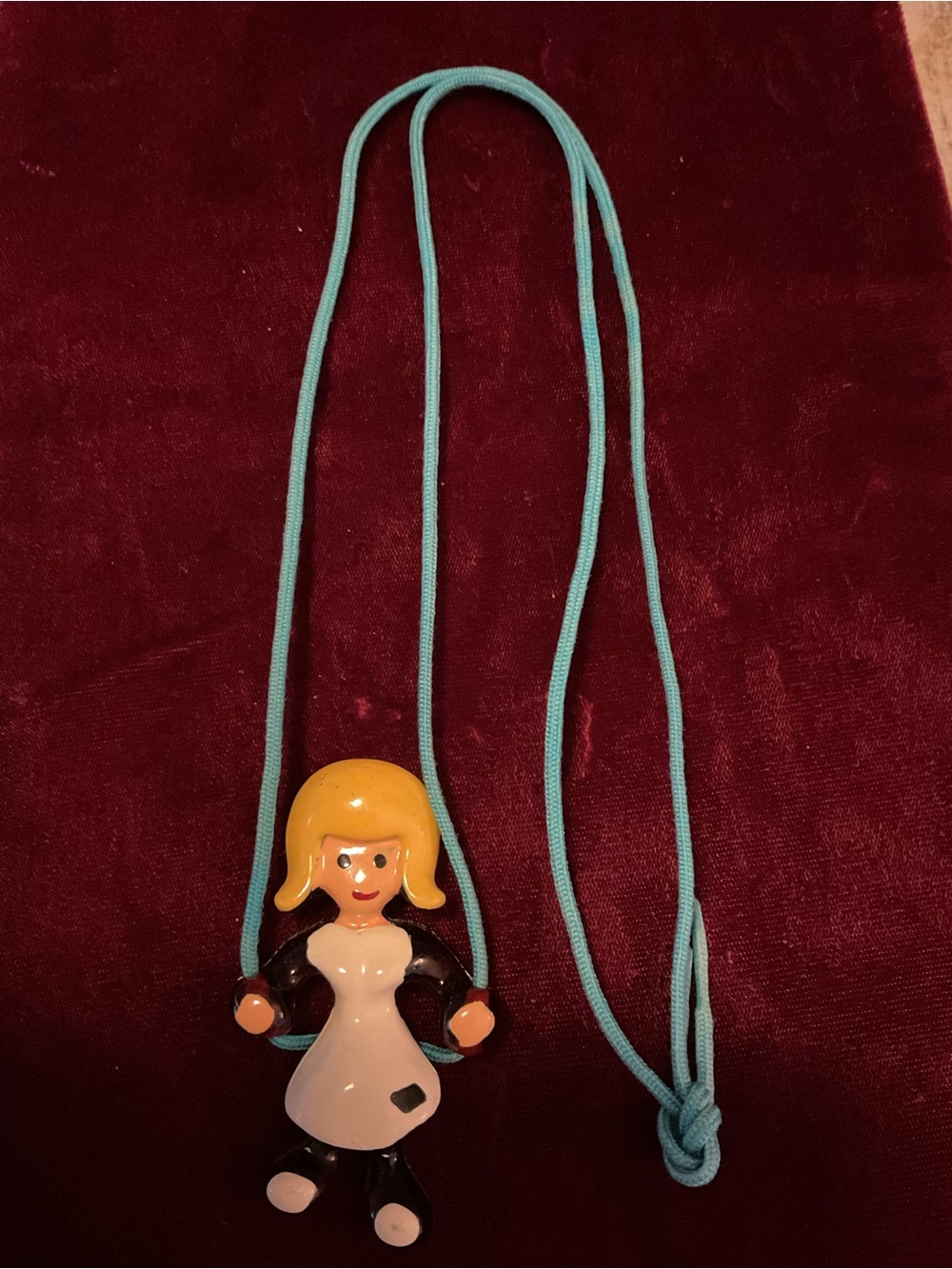 Rare NOS Vintage Lucite Girl Pendant Necklace in Teal and Yellow 1960’s